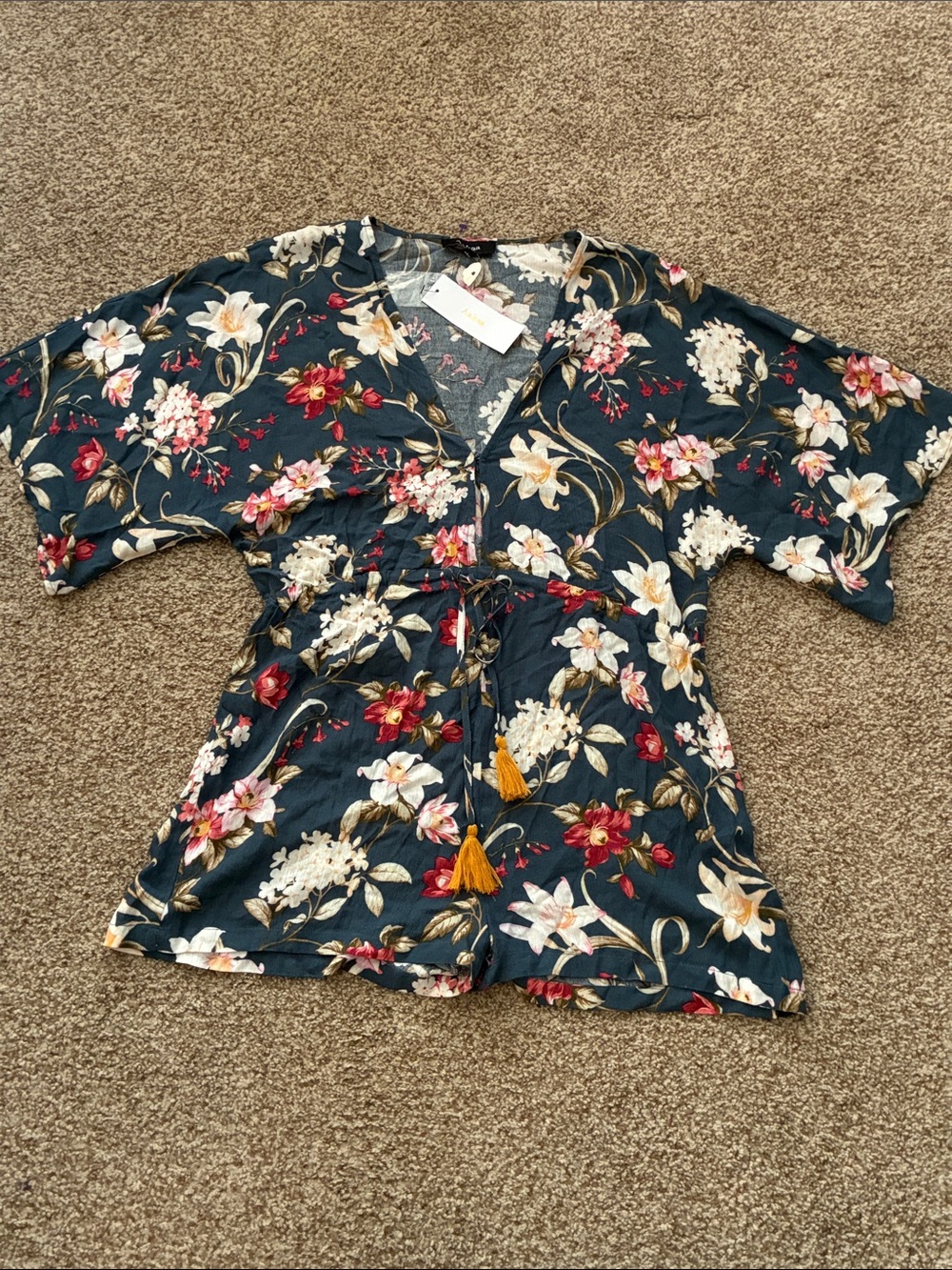 NWT Aakaa Boho Floral Tassel Drawstring V-Neck Romper Small Teal